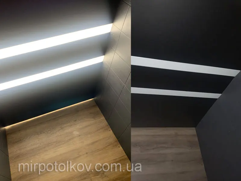 черный матовый потолок и световые линии из поликарбоната